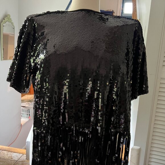 Zara Knit Size S Black Round Neck Short Sleeve Sequin Fringe Hem Top NWT - Picture 8 of 16